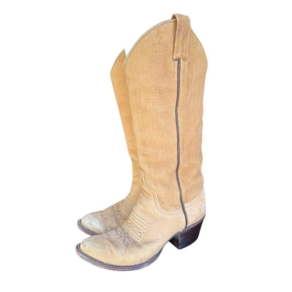 Vintage Larry Mahan Knee High Tan Leather Cowboy Boot Women size 5.5 - Picture 2 of 8